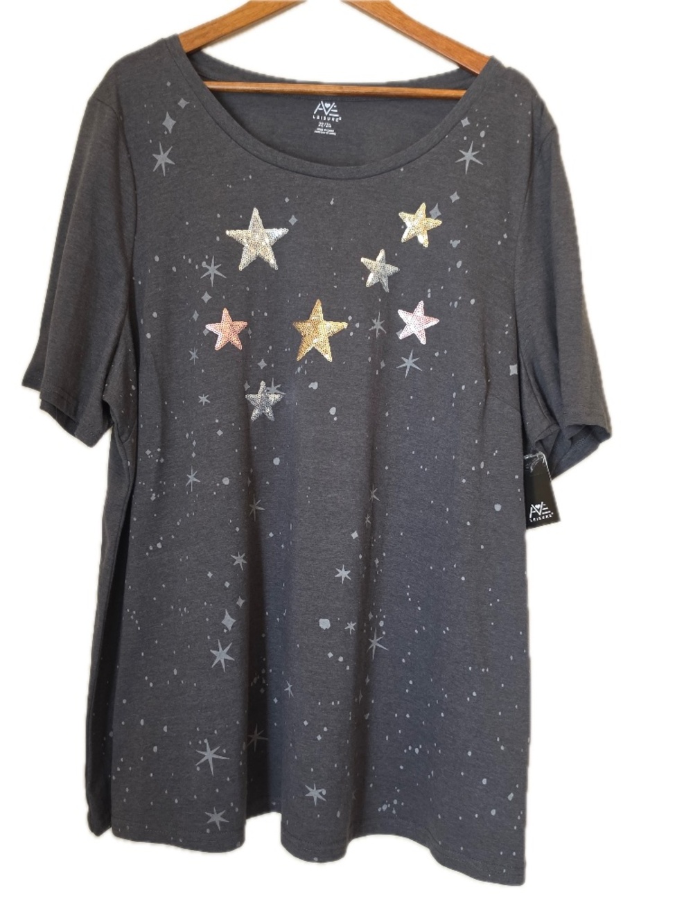 AVE Leisure Shirt Womens 22/24 Gray Tunic Sequin Star Oversized Tagless Jersey